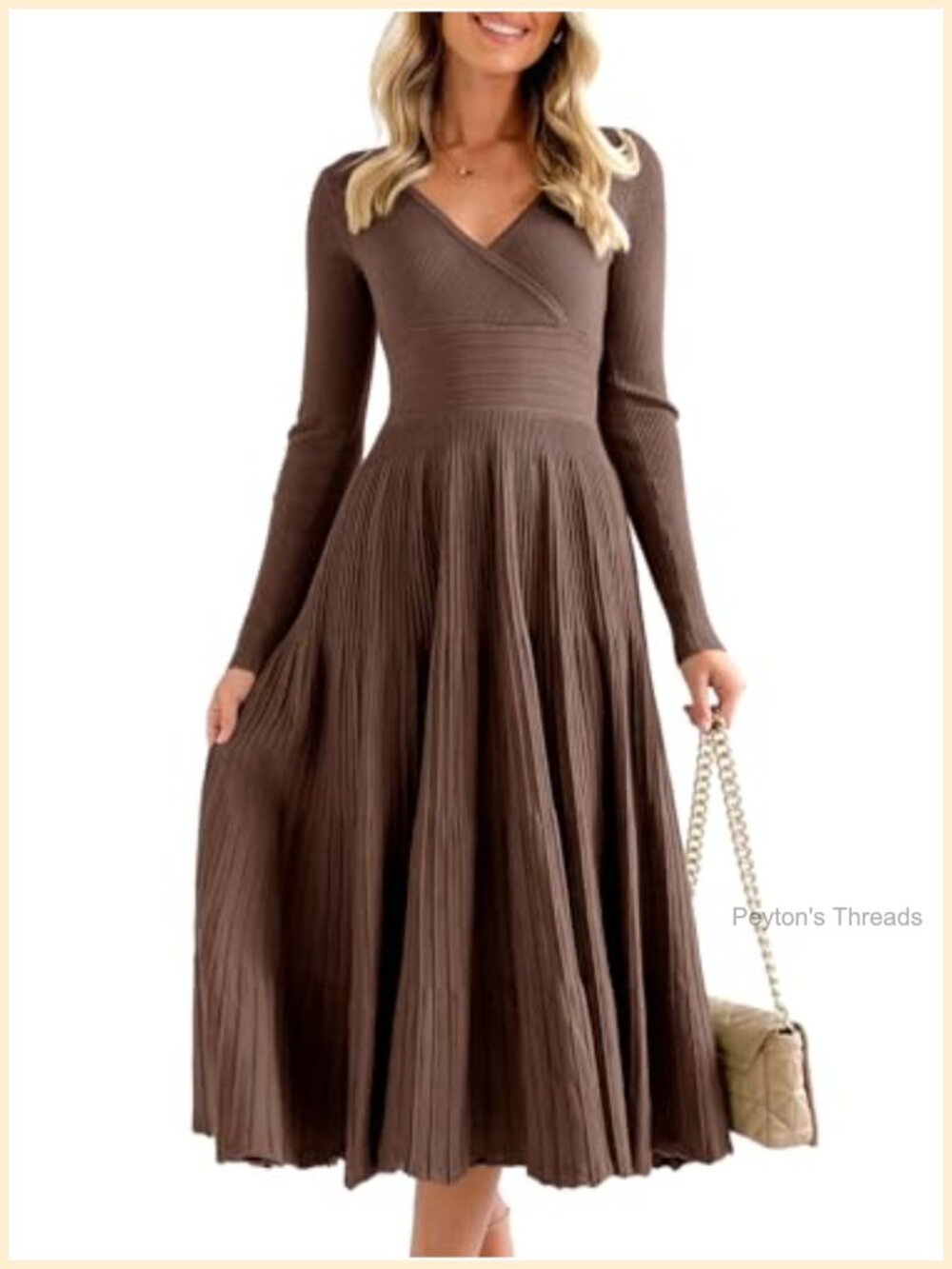 Women's Long Sleeve Knit Midi Dress V-Neck Pleated Swing Fall Winter